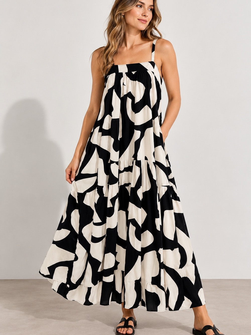 Abel the Label Diego Smock Maxi Dress Size L Black Cream Abstract Print